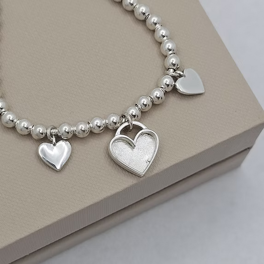 Triple Heart Adjustable Beaded Silver Bracelet