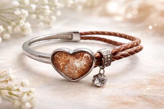 Brown Leather & Stainless Steel Heart Bangle