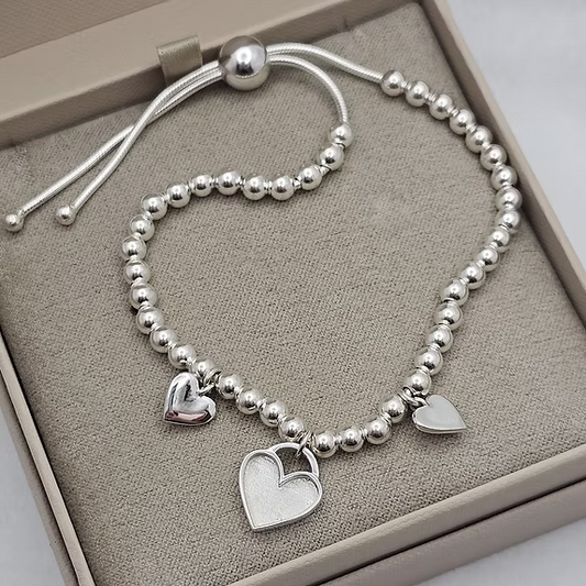Triple Heart Adjustable Beaded Silver Bracelet