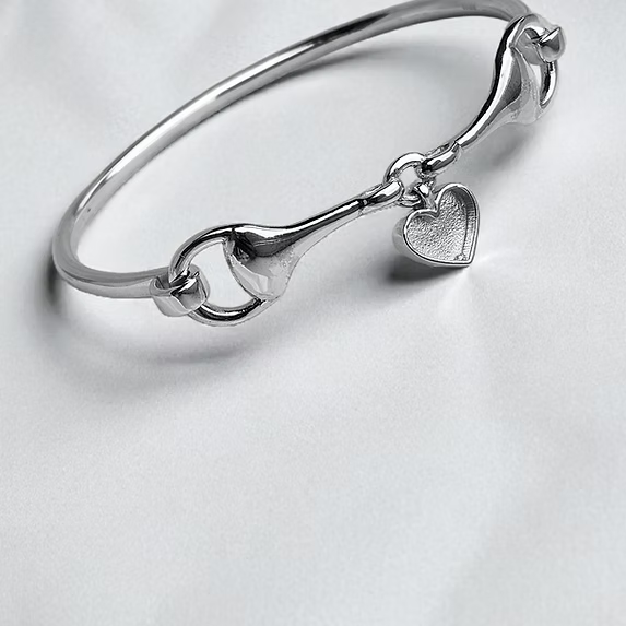 Horse Snaffle Bit Dangle Heart 925 Silver Hook N Clasp Bangle