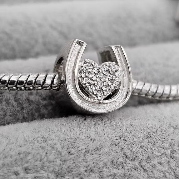 CZ Heart Horse Shoe Bead Silver Charm
