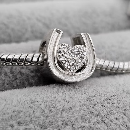 CZ Heart Horse Shoe Bead Silver Charm