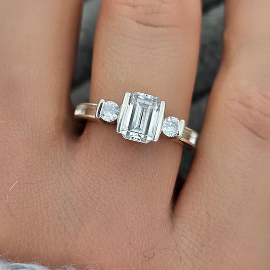 Emerald Cut Triple CZ Bezel Silver Ring