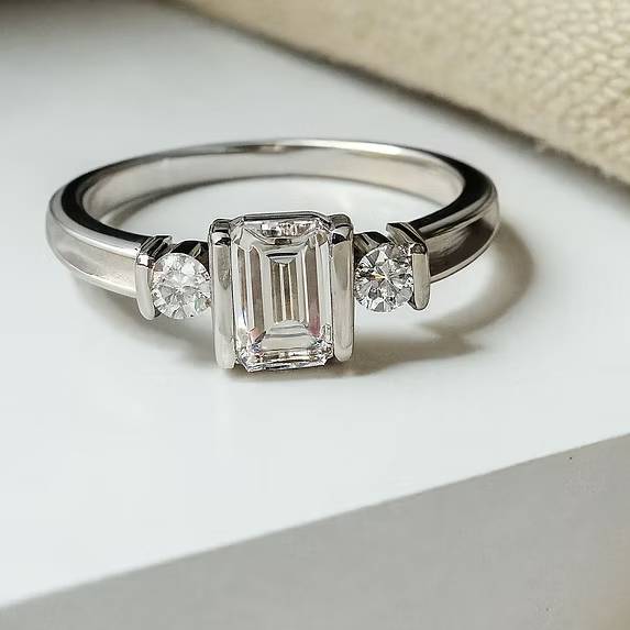 Emerald Cut Triple CZ Bezel Silver Ring