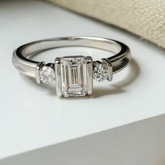 Emerald Cut Triple CZ Bezel Silver Ring