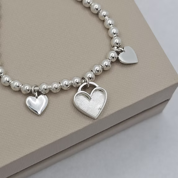 Triple Heart Adjustable Beaded Silver Bracelet