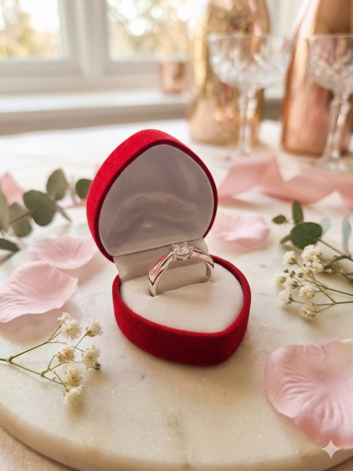 Silver memorial ashes ring A diamond ring in a red velvet box surrounded by pink petals and greenery.