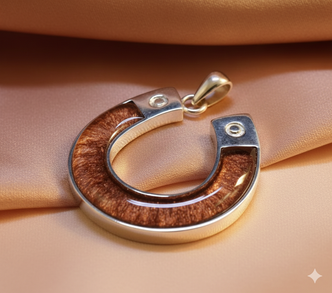 Silver Horseshoe Memorial ashes, hair or fur Pendant Gold and wooden circular pendant resting on soft fabric.