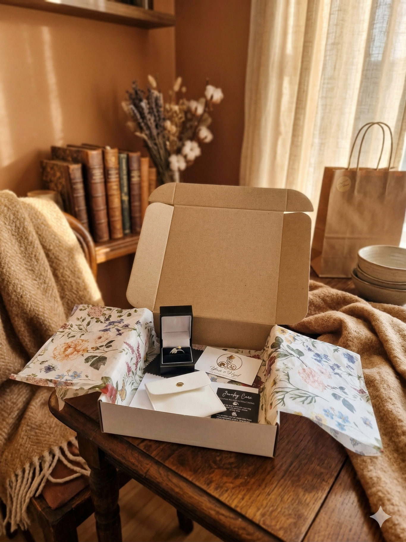 Each piece unique Open gift box with decorative wrapping and a piece of jewellery, set in a cozy room.