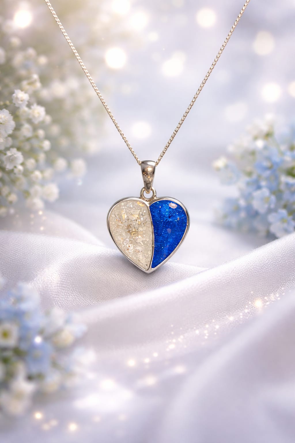 Double heart memorial ashes pendant Silver and blue heart pendant on a delicate chain, surrounded by small white flowers.