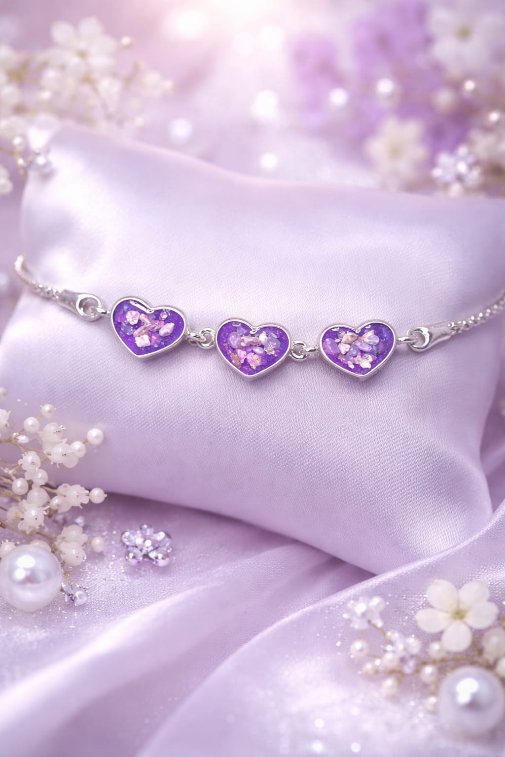 Silver Adjustable Memorial ashes, hair or fur Bracelet Purple heart-shaped bracelet displayed on a soft, light-coloured cushion.